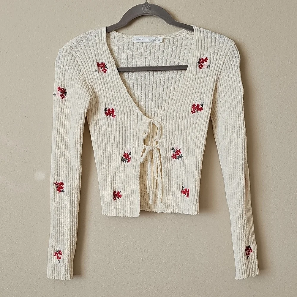 Altar'd State Cream Cardigan with Red Floral Accents - Picture 1 of 4